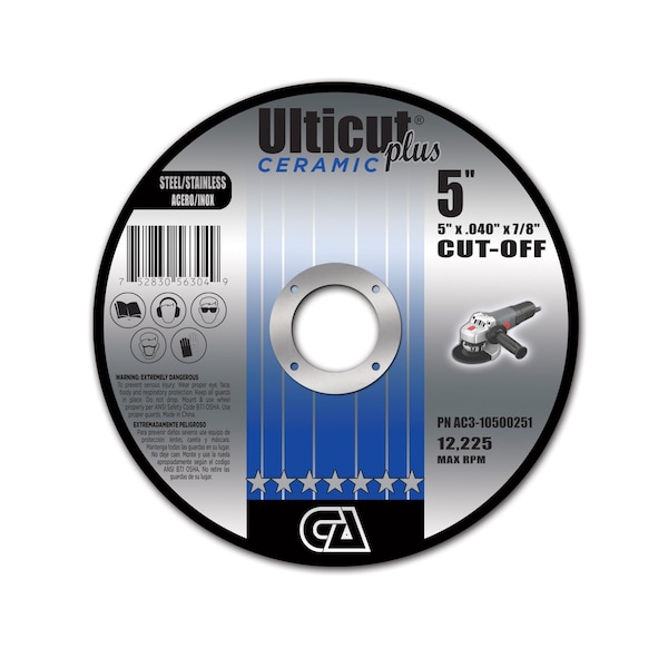 Disco de corte reforzado doble Ceramic Ulticut Plus T1 de Continental Abrasives de 5" x .040" x 7/8" para acero inoxidable/acero - AC3-10500251