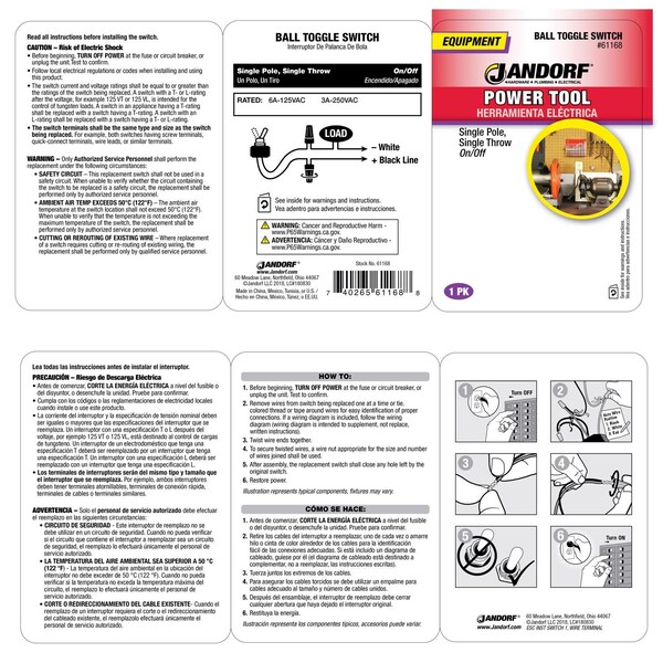 Jandorf Jandorf 6 amps Single Pole Ball Toggle Power Tool Switch Black/Silver 1 pk - 61168