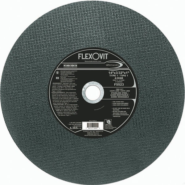 Flexovit Especialista Rueda de corte libre Free Cut Cut-Off, 14 pulgadas de diámetro x 3/32 pulgadas de grosor, 1 pulgada de agujero central, 30 granos, Al - F5523