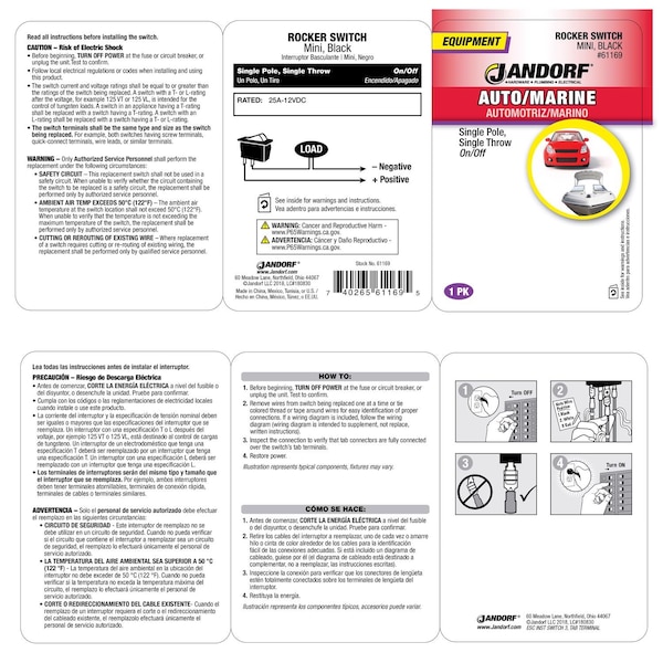 Jandorf Jandorf 25 amps Single Pole Rocker Automotive/Marine Switch Black 1 pk - 61169