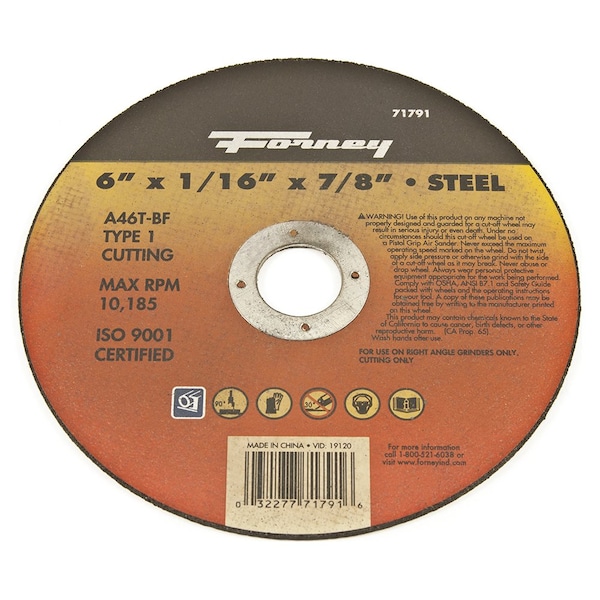 Rueda de corte Forney, Metal, Tipo 1, 6 pulgadas x 1/16 pulgada x 7/8 pulgadas - 71791