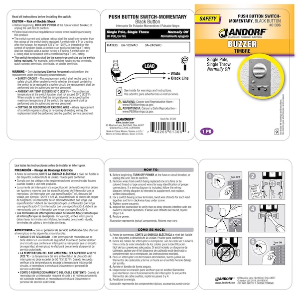 Jandorf Jandorf 6 amps Single Pole Push Button Appliance Switch Black/Silver 1 pk - 61306
