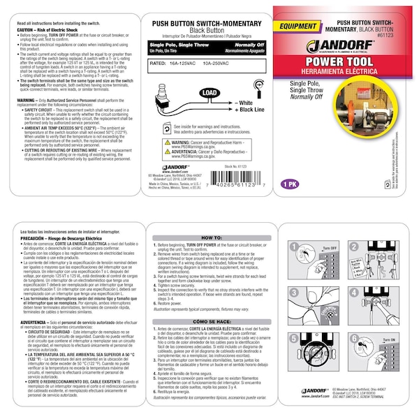 Jandorf Jandorf 16 amps Single Pole Push Button Power Tool Switch Black/Silver 1 pk - 61123