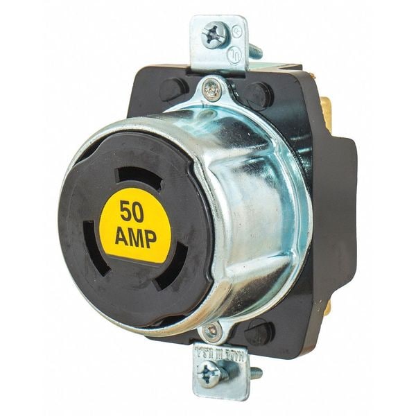 Bryant Locking Receptacle, Non-NEMA, 50 A, 250/600V AC, Single Phase, 3 Pole, Flush Mount, Screw Terminals - 7379