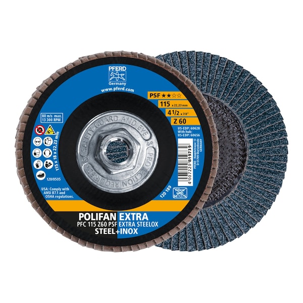 Disco de láminas POLIFAN® Pferd 4-1/2" x 5/8-11 Thd. Z PSF EXTRA STEELOX, Zirconia, 60 granos, cónico - 60656
