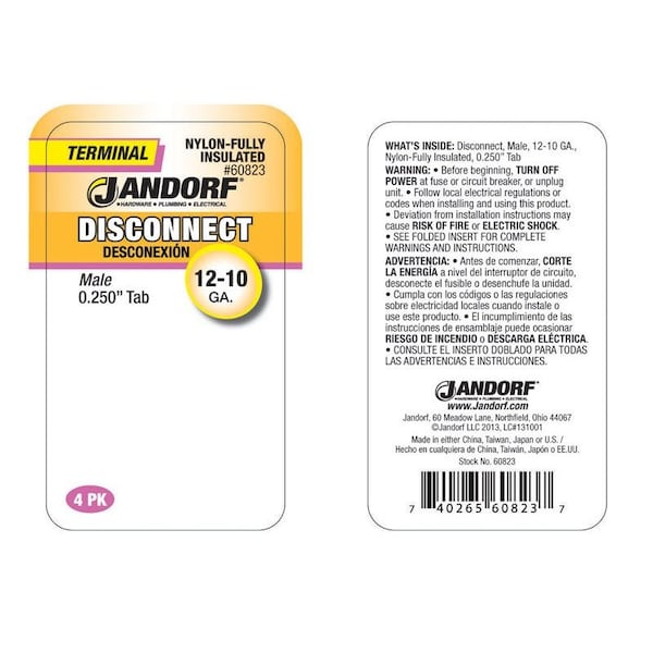 Jandorf Jandorf 12-10 Ga. Insulated Wire Male Disconnect Yellow 4 pk - 60823
