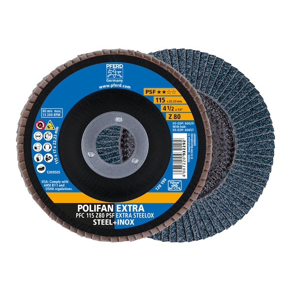 Disco de láminas POLIFAN® 4-1/2" x 7/8" A.H. - Z PSF EXTRA STEELOX, Zirconia, 80 Grano, Cónico - 60629.