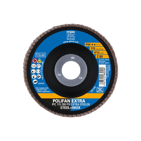 Disco de láminas POLIFAN® 4-1/2" x 7/8" A.H. - Z PSF EXTRA STEELOX, Zirconia, 80 Grano, Cónico - 60629.