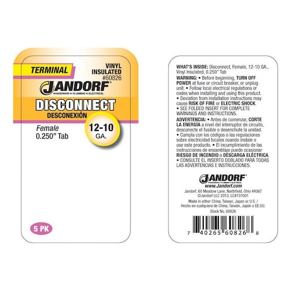 Jandorf Jandorf 12-10 Ga. Insulated Wire Female Disconnect Yellow 5 pk - 60826