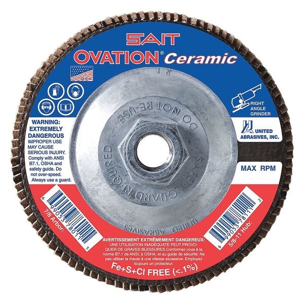 United Abrasives/Sait SAIT 78321 Ovation® Disco de solapa de cerámica de alta densidad respaldado con fibra de vidrio (Tipo 27) 4-1/2" x 5/8"-11, 40 granos, paquete de 10 - 78321