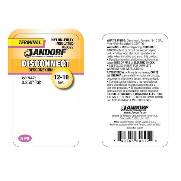 Jandorf Jandorf 12-10 Ga. Insulated Wire Female Disconnect Clear 5 pk - 60822