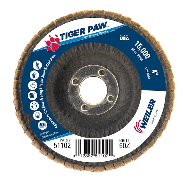 Weiler 4" Tiger Paw Abrasive Flap Disc, Plano (TY27), 60Z, 5/8" - 51102