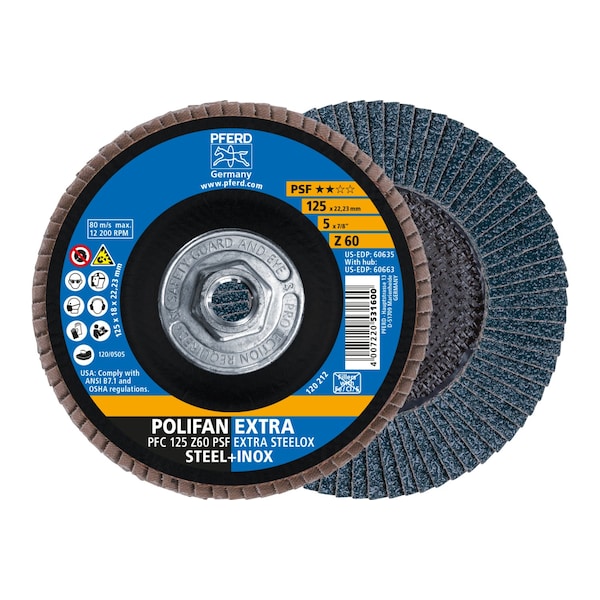 Disco de láminas POLIFAN® Pferd de 5" x 5/8-11 Thd. PSF EXTRA STEELOX, Zirconia, grano 60, cónico - 60663