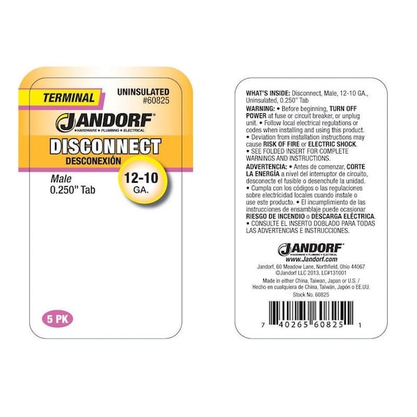 Jandorf Jandorf 12-10 Ga. Uninsulated Wire Male Disconnect Silver 5 pk - 60825
