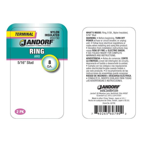 Jandorf Jandorf 8 Ga. Insulated Wire Terminal Ring Red 2 pk - 60790