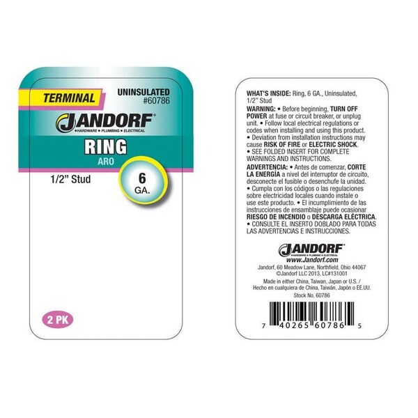 Jandorf Jandorf 6 Ga. Uninsulated Wire Terminal Ring Silver 2 pk - 60786