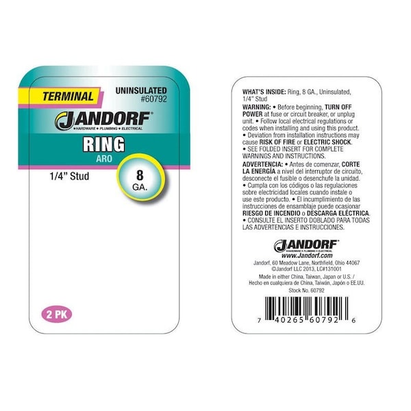 Jandorf Jandorf 8 Ga. Insulated Wire Terminal Ring Silver 2 pk - 60792