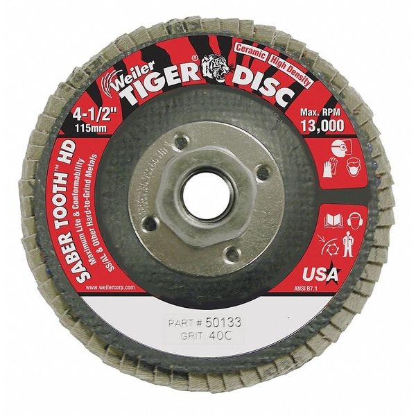 Weiler 4-1/2 Tiger Cerámica de Alta Densidad (TY27) Abrasivo 40C Tuerca UNC 5/8"-11 - 50133