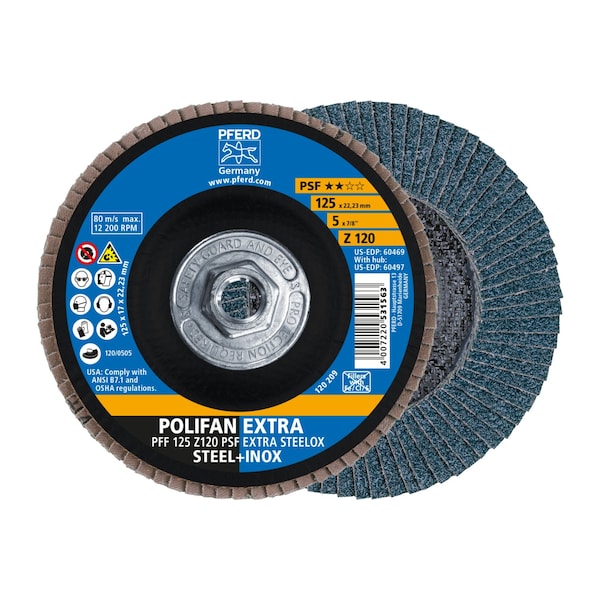 Disco de láminas POLIFAN® de 5" x 5/8-11 Thd. Pferd - Z PSF EXTRA STEELOX, Zirconia, 120 Grit, Plano - 60497