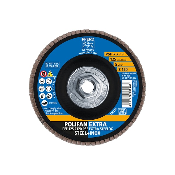 Disco de láminas POLIFAN® de 5" x 5/8-11 Thd. Pferd - Z PSF EXTRA STEELOX, Zirconia, 120 Grit, Plano - 60497