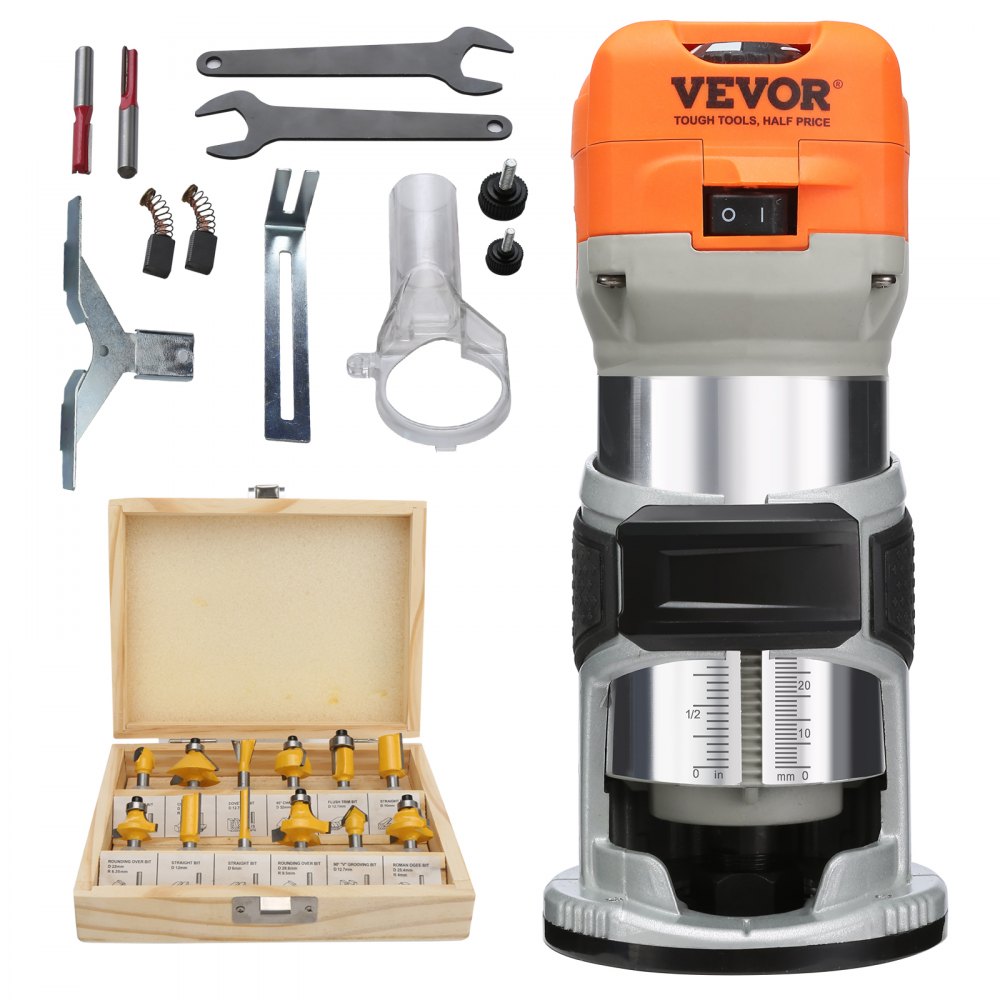 VEVOR Wood Router, 1.25HP 800W, Compact Wood Trimmer Router Tool, 30000RPM Max Speed 6 Variable Speeds, with 1/4'' & 5/16'' Collets 12 PCs Milling Cutters Dust Hood, for Woodworking Slotting Trimming - YXKXBJ710W65AZLFEV1