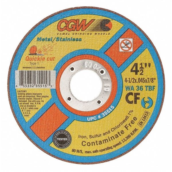 Cgw Abrasivos Disco de Corte, 4.5x0.045x7/8, T1WA36TBF, CF - 35515