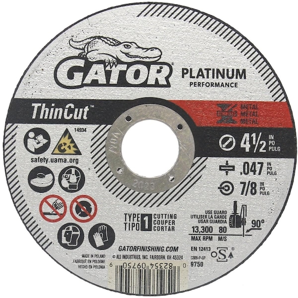 Hoja de corte delgada tipo 1 de Gator Finishing Blade 4-1/2 In. x 0.047 In. x 7/8 In. Rueda de corte de metal/acero inoxidable - 9750.