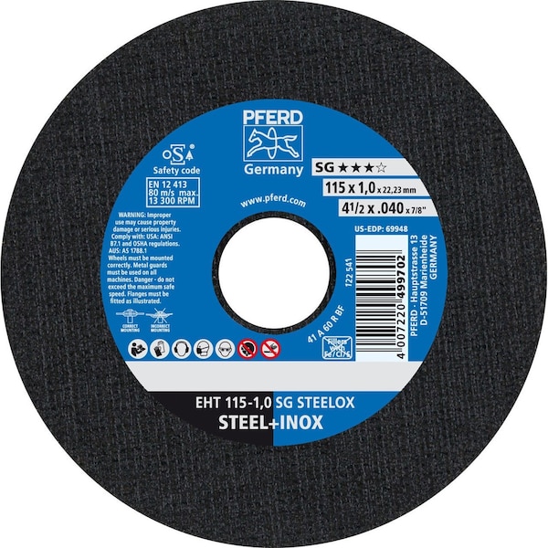 Pferd 69948 Rueda de corte de 4-1/2in x .040in con 7/8in AH A R SG INOX 60G Tipo 1 - 69948-PFERD