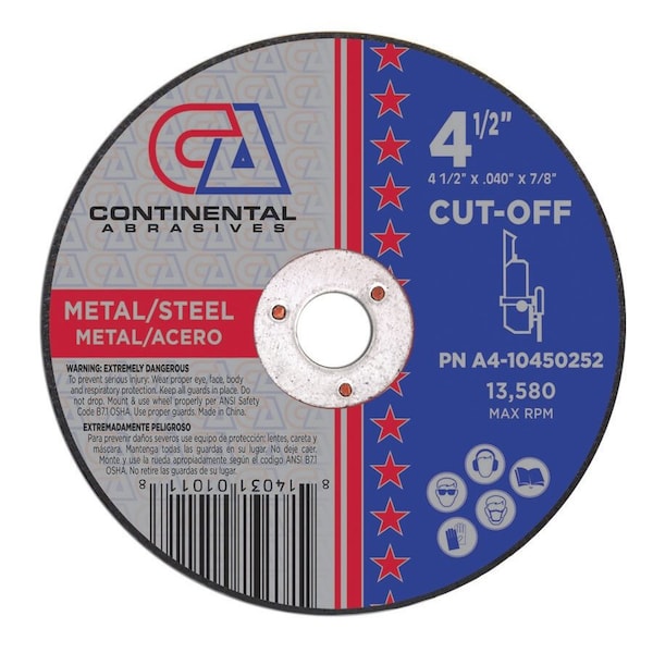 Rueda de corte delgada premium de centro deprimido Continental Abrasives 4-1/2" x .040" x 7/8" Signature T27 - A4-10450252