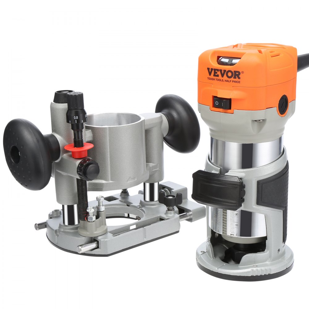 VEVOR Wood Router, 1.25HP 800W, Compact Wood Trimmer Router Combo Tool with Plunge and Fixed Base, 30000RPM 6 Variable Speeds, with 1/4'' & 5/16'' Collets Dust Hood, for Woodworking Slotting Trimming - YXKXBJ710W65AH7WLV1