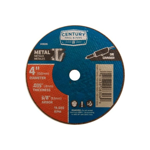 Rueda de corte Century Drill 0 de 4" x 3/8" de óxido de aluminio - 8306