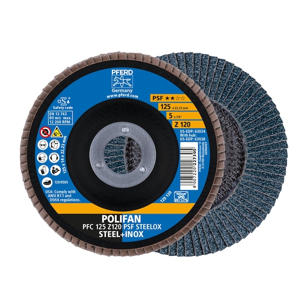 Disco de láminas POLIFAN® de 5" x 7/8" A.H. - Z PSF STEELOX, Zirconia, 120 granos, Cónico - 63034