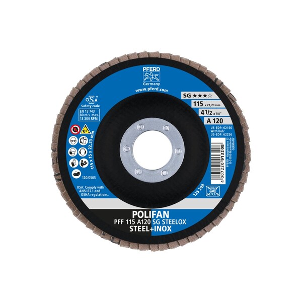 Disco de láminas POLIFAN® 4-1/2" x 7/8" A.H. - A SG STEELOX, Óxido de aluminio, 120 Grit, Plano - 62156