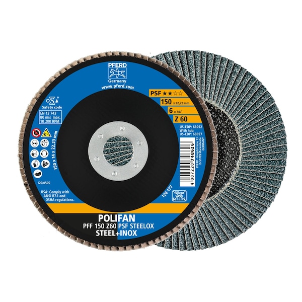 Pferd 6" x 7/8" A.H. POLIFAN® Disco de láminas - Z PSF STEELOX, Zirconia, 60 grano, plano - 63052
