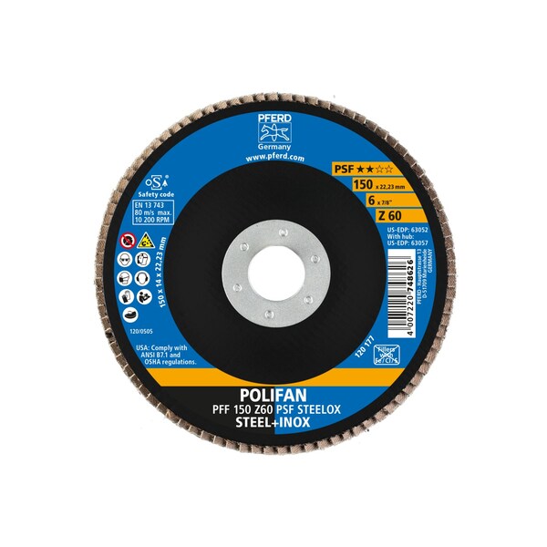 Pferd 6" x 7/8" A.H. POLIFAN® Disco de láminas - Z PSF STEELOX, Zirconia, 60 grano, plano - 63052