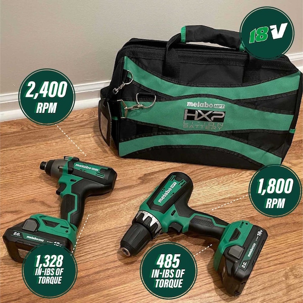 Metabo Hpt 18V Cordless Brushed Hammer Drill and Impact Driver Kit 2 x 2.0Ah w/Bag - KC18DFXM