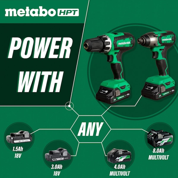 Metabo Hpt 18V Cordless Brushed Hammer Drill and Impact Driver Kit 2 x 2.0Ah w/Bag - KC18DFXM