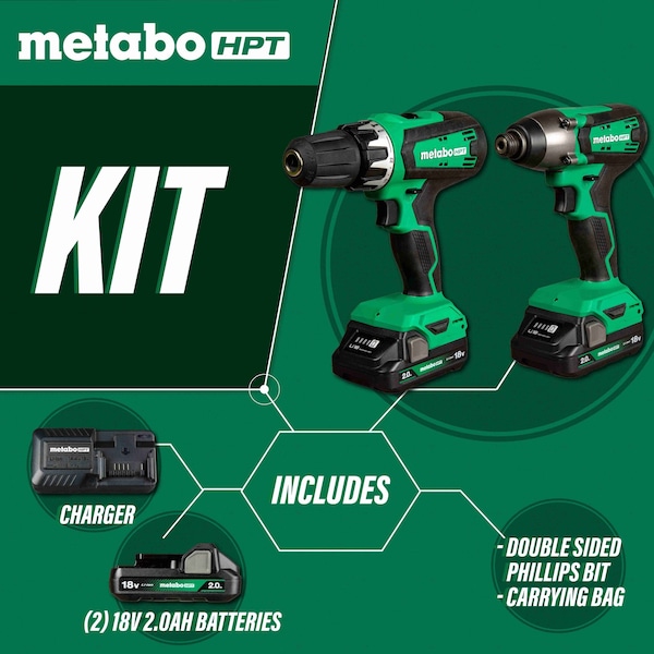 Metabo Hpt 18V Cordless Brushed Hammer Drill and Impact Driver Kit 2 x 2.0Ah w/Bag - KC18DFXM