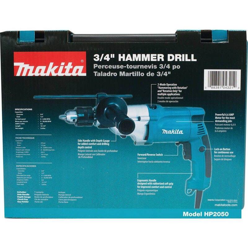 Rotomartillo de Velocidad Variable con Limitador de Torque Makita de 6.6 Amp 1/2 in. con Mango Lateral, Medidor de Profundidad, Llave de Mandril y Estuche Rígido - HP2050
