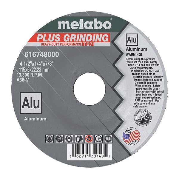 Rueda de rectificado Metabo, T27, A36M, 4.5"X1/4"X7/8" - US616748000