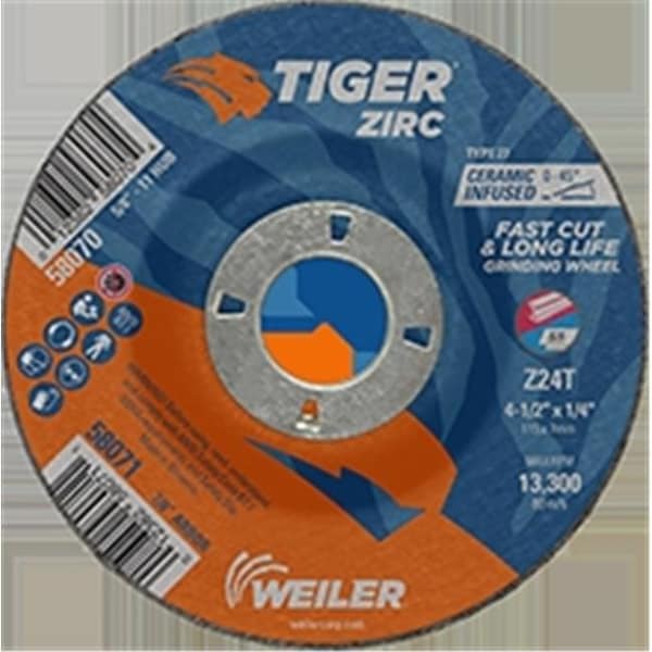 Weiler 804-58071 Rueda de esmerilado tipo 27 Tiger Zirc de 4.5 x 0.25 pulgadas; Z24T - Tuerca de 0.87 pulgadas; Paquete de 10 - 804-58071