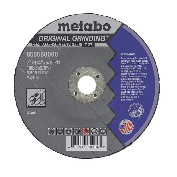 Rueda de esmerilado Metabo, T27, A24N, 7"X1/4"X5/8"-11 - 655560000