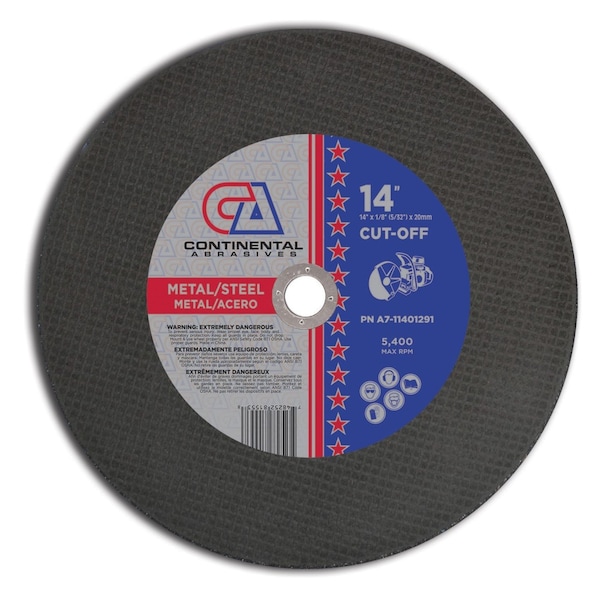 Continental Abrasives 14" x 1/8" (5/32) x 20mm Hoja de sierra abrasiva de alta velocidad triple reforzada para gas o electricidad para metal - A7-11401291