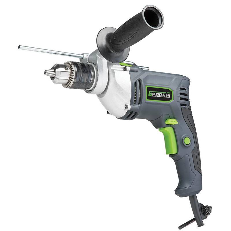GENESIS Taladro Percutor de 7.5 Amperes y 1/2 pulg. con Velocidad Variable, Reversible, Mango de Control, Botón de Bloqueo y Mango Auxiliar - GHD1275