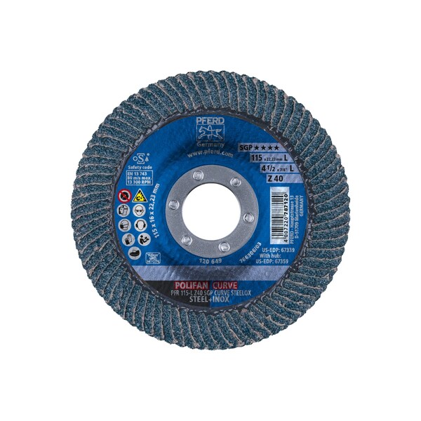 Disco de láminas POLIFAN® 4-1/2" x 7/8" Z SGP CURVE STEELOX, Zirconia, 40 Granos, Gran Radio - 67339