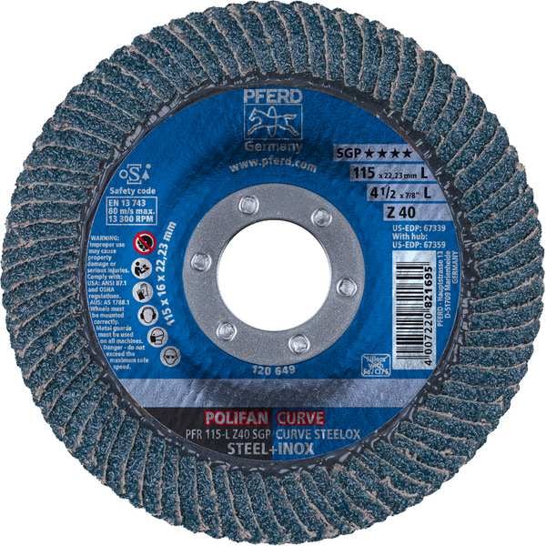 Disco de láminas POLIFAN® 4-1/2" x 7/8" Z SGP CURVE STEELOX, Zirconia, 40 Granos, Gran Radio - 67339