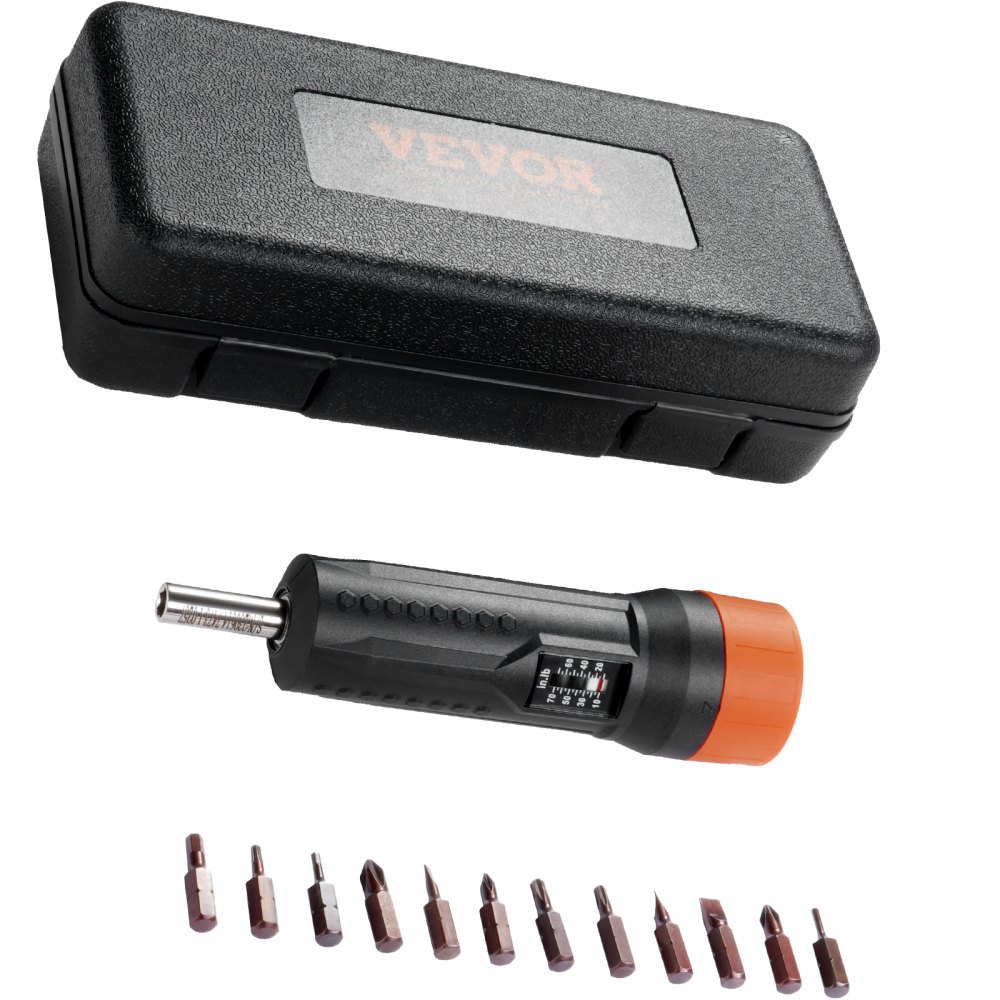 VEVOR 1/4" Drive Torque Screwdriver Wrench Set | 10-70 in-lbs Torque Adjustment Range | 1 in-lb Increment Torque Screwdriver | Driver Bits Set with View Window, 12 Bits & Case, Magnetic Function - NJLSDCKKY107046H7V0