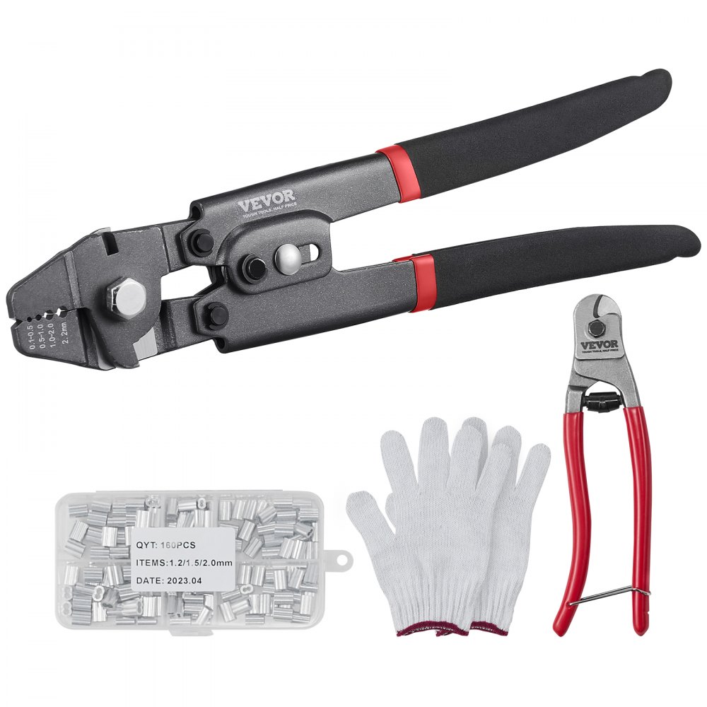 VEVOR Wire Rope Crimping Tool and Cutter Up To 2.2mm Wire Cable Crimps, 1/64" - 3/32" Crimping Loop Sleeve Kit and 160pcs Aluminum Buckles, Fishing Crimping Tool Wire Rope Thimbles Kit - GSSYJQGSS16409CTZV0