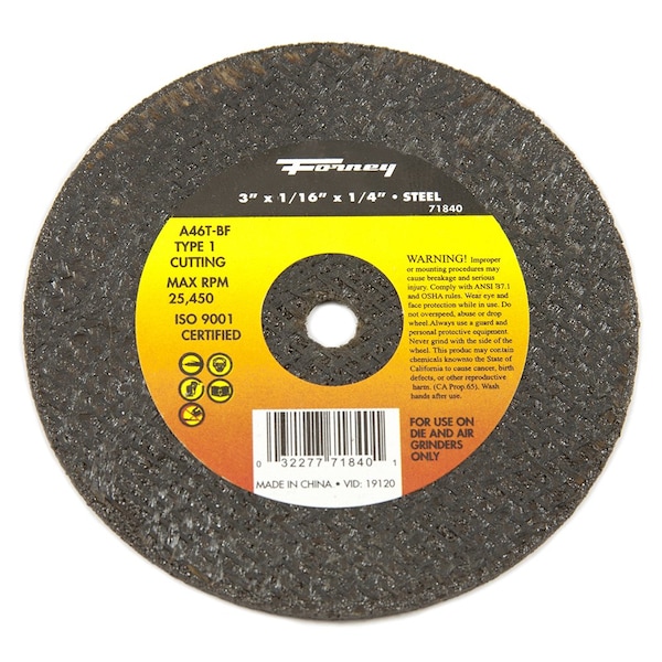 Rueda de corte Forney, Metal, Tipo 1, 3 pulgadas x 1/16 pulgadas x 1/4 pulgadas - 71840.