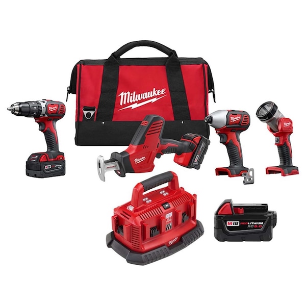 Milwaukee Tool Cordless Combo Kit, 18.0 V, 4 Tools, 2 Batt - 2695-24, 48-59-1806, 48-11-1850